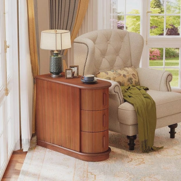 The Corvo Column – Custom Fluted Wooden Side Table with Curved Storage Drawers in European Style for Living Room or Bedroom