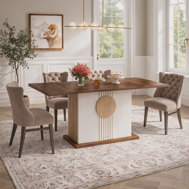 Corda Dining Table Sculptural Central Base Design Mid Century Modern European Inspired Solid Wood Dining Table for Dining Room and Formal Dining Hall