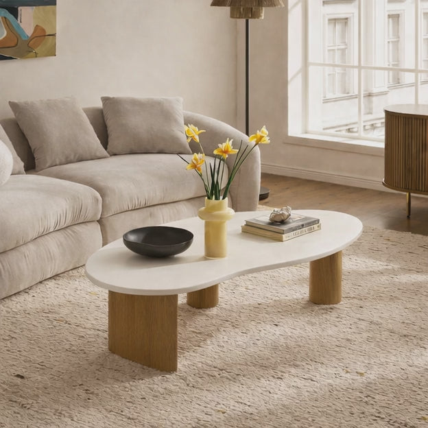 Tangon Mid Century Modern Japandi Coffee Table with Organic Freeform Wooden Top and Wooden Block Legs for Living Room