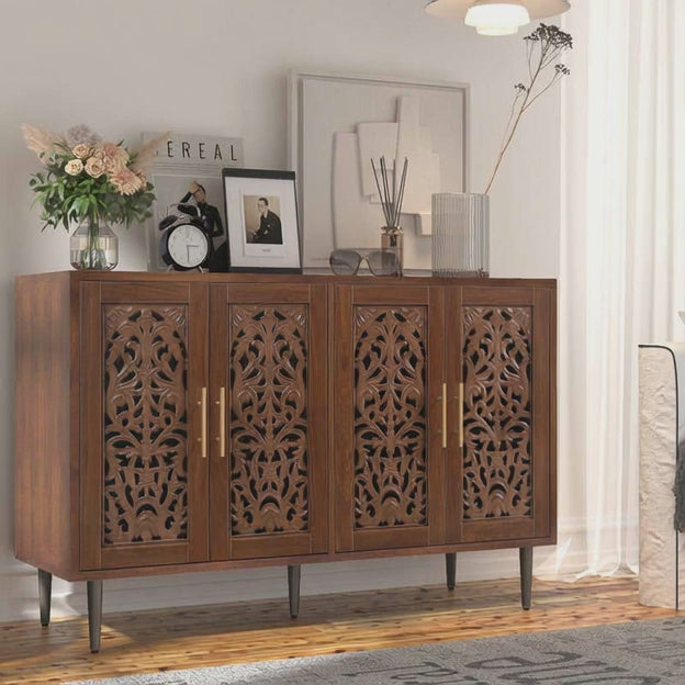 Aria Carve Mid Century Indian Solid Wood Cabinet – Handcrafted Floral Panels Ideal for Living Room, Dining Room & Entryway