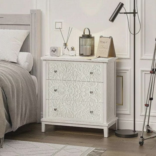Ivory Bloom 3-Drawer Chest – Hand-Carved Floral Solid Wood Cabinet, French Vintage Whitewash Finish, Customizable – Bedroom, Entryway & Living Room
