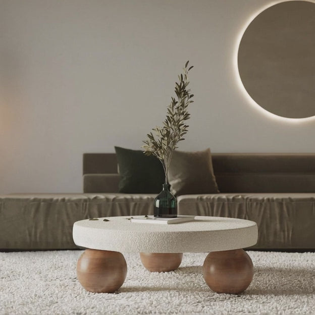Salween Mid Century Modern Japandi Coffee Table Scandinavian Round Center Table with Sculptural Sphere Legs Custom Made for Living Room