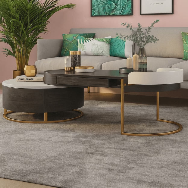 Churchill River Modern European Wooden Center Table with Storage and Gold Accents for Living Room