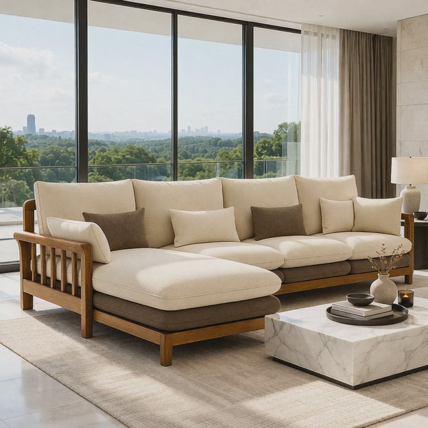 Duncan 4-Seater Japandi Style Wooden Frame L Shaped Sofa with Lounger for Living Room