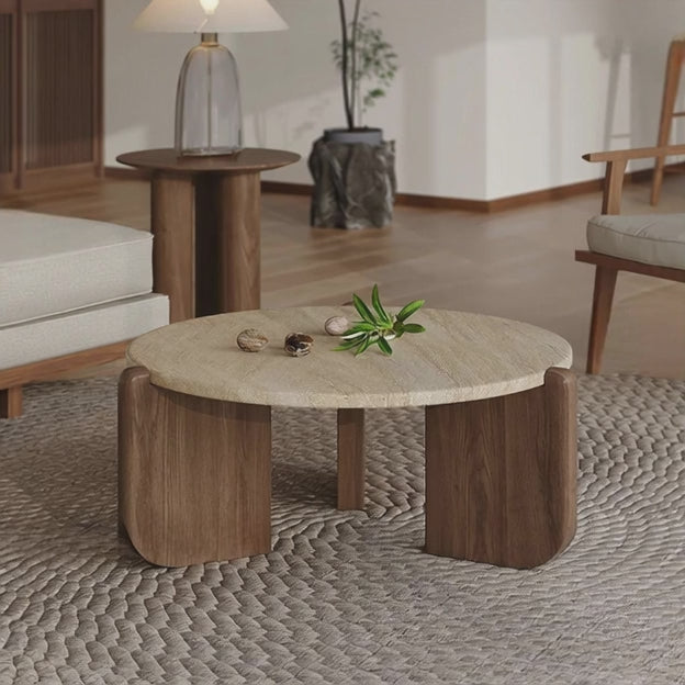 Purus Functional Mid Century Modern Japandi Coffee Table with Scandinavian Round Wooden Top and Wooden Base