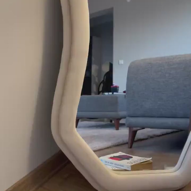 EdgeCraft Irregular Asymmetric Wall Mirror- Suede Velvet Upholstered Frame Fabric Mirror for Bedroom