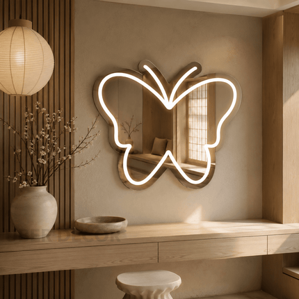 Delphine Butterfly Frameless Wall Hanging LED Mirror – Front Lit or Back Lit Statement Mirror for Bathroom & Vanity