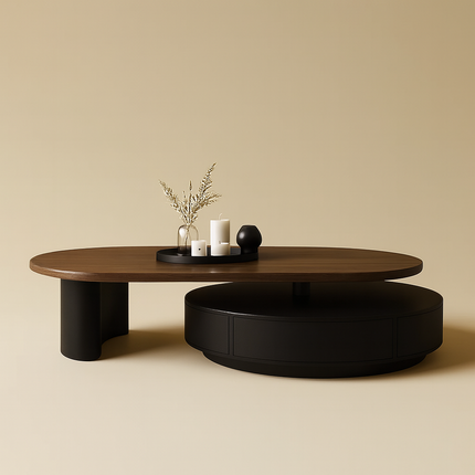 Aldan Dual Layer Functional Mid Century Modern Contemporary Coffee Table Scandinavian Design Solid Wood Top Cylindrical Base Matte Finish Round Center Table for Reception Area