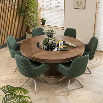 Halo Round Wooden Dining Table with Central Glass Inlay with Solid Pedestal Base for Dining Room