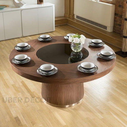 Halo Round Wooden Dining Table with Central Glass Inlay with Solid Pedestal Base for Dining Room