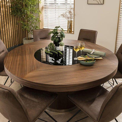 Halo Round Wooden Dining Table with Central Glass Inlay with Solid Pedestal Base for Dining Room