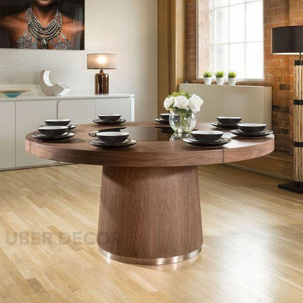 Halo Round Wooden Dining Table with Central Glass Inlay Modern Contemporary Design with Solid Pedestal Base for Dining Room