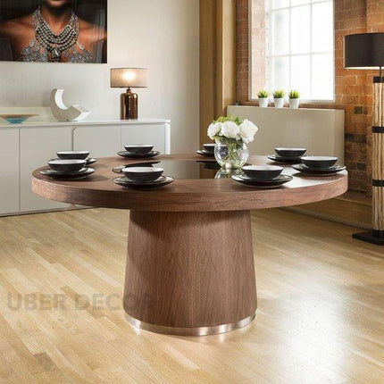 Halo Round Wooden Dining Table with Central Glass Inlay with Solid Pedestal Base for Dining Room