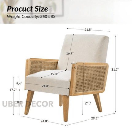 Nivara- Solid Wood Upholstered Accent Chair with Rattan Arms and Wooden Legs