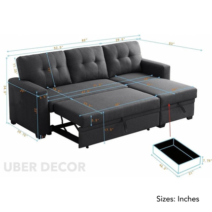 Savannah Sectional Sofa with Storage- Reversible Pull Out Couch Sofacum Bed for Living Room