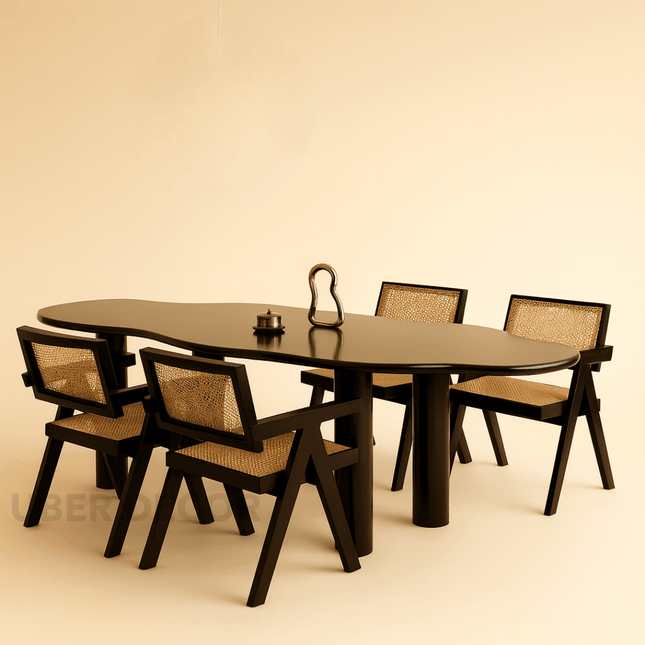 Ebon Curve Modern Luxe Dining Set – Sculptural Black Stone or Wood Top with Designer Cane-Back Chairs for Dining Room or Studio Loft