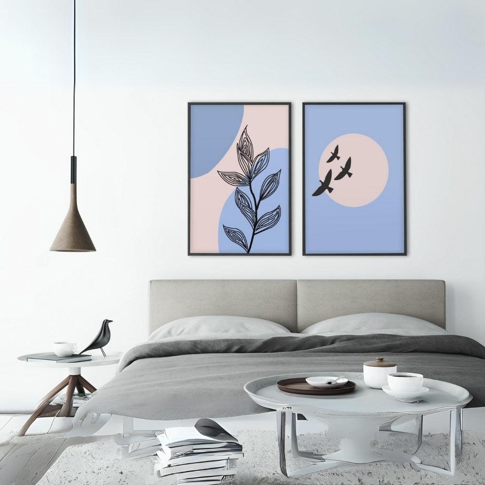 Soleil et Oiseaux - Sun Birds Leaf Stem Modern Abstract Wall Art - Uber Decor