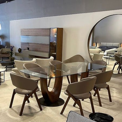 Vireon Rectangular Dining Table Contemporary Architectural Design Glass Top Solid Wood Base Dining Table for Dining Room