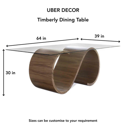 Timberly Dining Table with Tempered Glass Top and Solid Wood Sculptural Base Inspired by Warm Modern Homes and Elegant Dining Spaces
