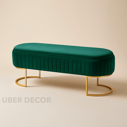 VelvetGleam Bedroom Bench - Upholstered Ottoman with Golden Legs - Extra-Long Footrest for End of Bed & Entryway
