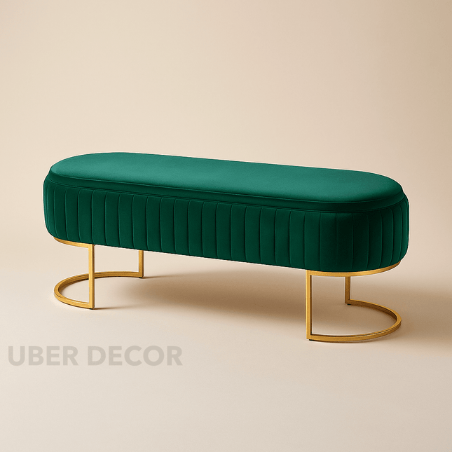 VelvetGleam Bedroom Bench - Upholstered Ottoman with Golden Legs - Extra-Long Footrest for End of Bed & Entryway