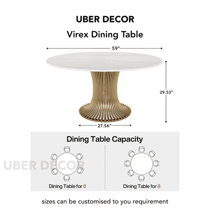 Virex Dining Table Sculptural Fluted Pedestal Design Mid Century Modern European Inspired Marble Top Dining Table with Metal Base for Dining Room