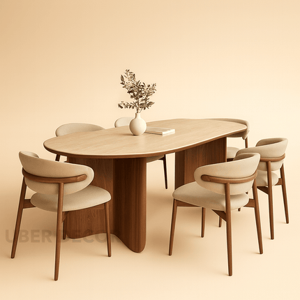 Sienna Curve Oval Rock Slab Dining Set – Modern Organic Design with Solid Wood Base & Upholstered Chairs