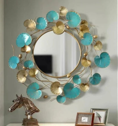 Blue and Golden Floral Vine Mirror Wall Decoration Metal Wall Art