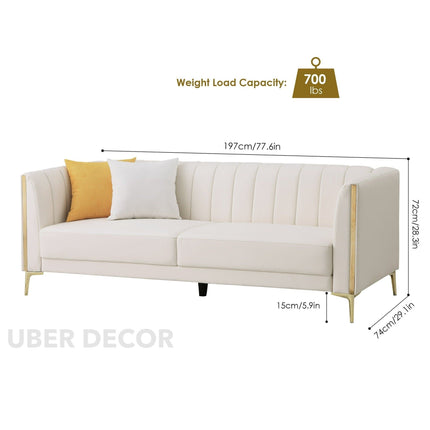 Jakarta 78" Sofa- 3 Seater Modern Leather Tufted Couch with Golden Legs & Armrests for Home or Office