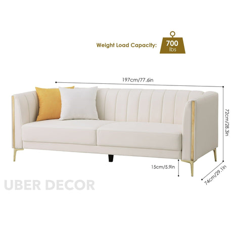 Jakarta 78" Sofa- 3 Seater Modern Leather Tufted Couch with Golden Legs & Armrests for Home or Office - Uber Decor