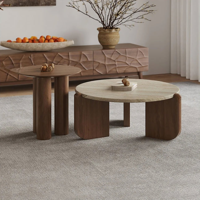 Purus Functional Mid Century Modern Japandi Coffee Table Scandinavian Round Stone Top Wooden Base Natural Polish Center Table for Living Room