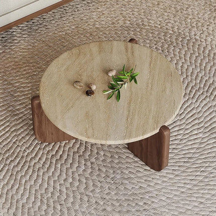 Purus Functional Mid Century Modern Japandi Coffee Table Scandinavian Round Stone Top Wooden Base Natural Polish Center Table for Living Room