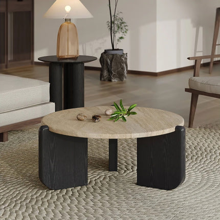 Purus Functional Mid Century Modern Japandi Coffee Table Scandinavian Round Stone Top Wooden Base Natural Polish Center Table for Living Room