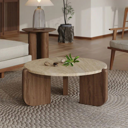 Purus Functional Mid Century Modern Japandi Coffee Table Scandinavian Round Stone Top Wooden Base Natural Polish Center Table for Living Room