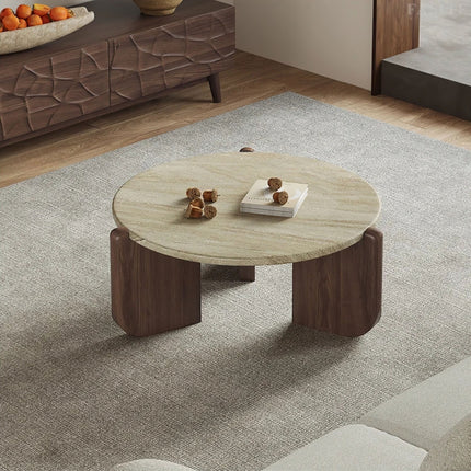 Purus Functional Mid Century Modern Japandi Coffee Table Scandinavian Round Stone Top Wooden Base Natural Polish Center Table for Living Room