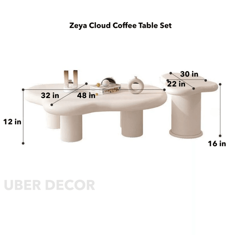 Zeya Cream Cloud Coffee Table Set High Low Sculptural Combination Cream Finish Rounded Legs Nordic Minimalist Accent for Modern Living Rooms - Uber Decor